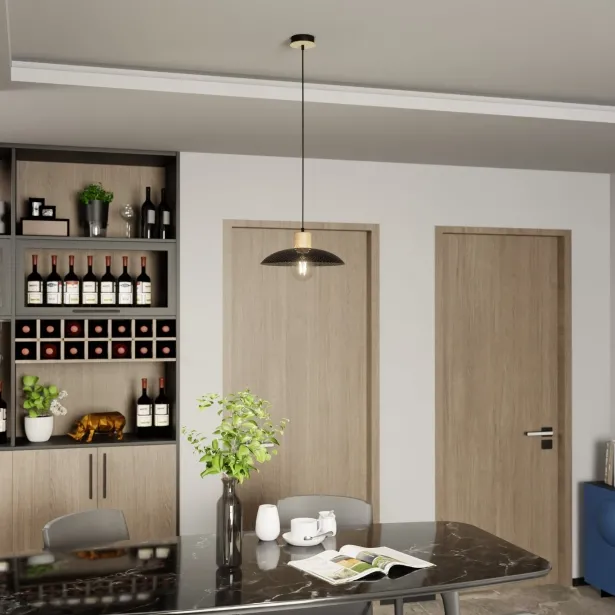 EMIBIG Hängelampe KOBE 1 Japandi-Stil Holz / Metall E27 Höhe 100 cm 15W schwarz - ohne Leuchtmittel