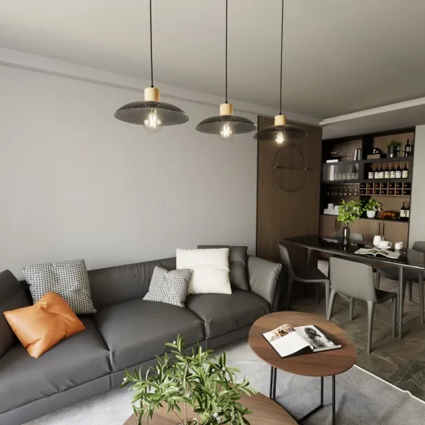 EMIBIG Hängelampe KOBE 3 Japandi-Stil Holz / Metall E27 Höhe 100 cm 15W 3-flammig schwarz - ohne Leuchtmittel