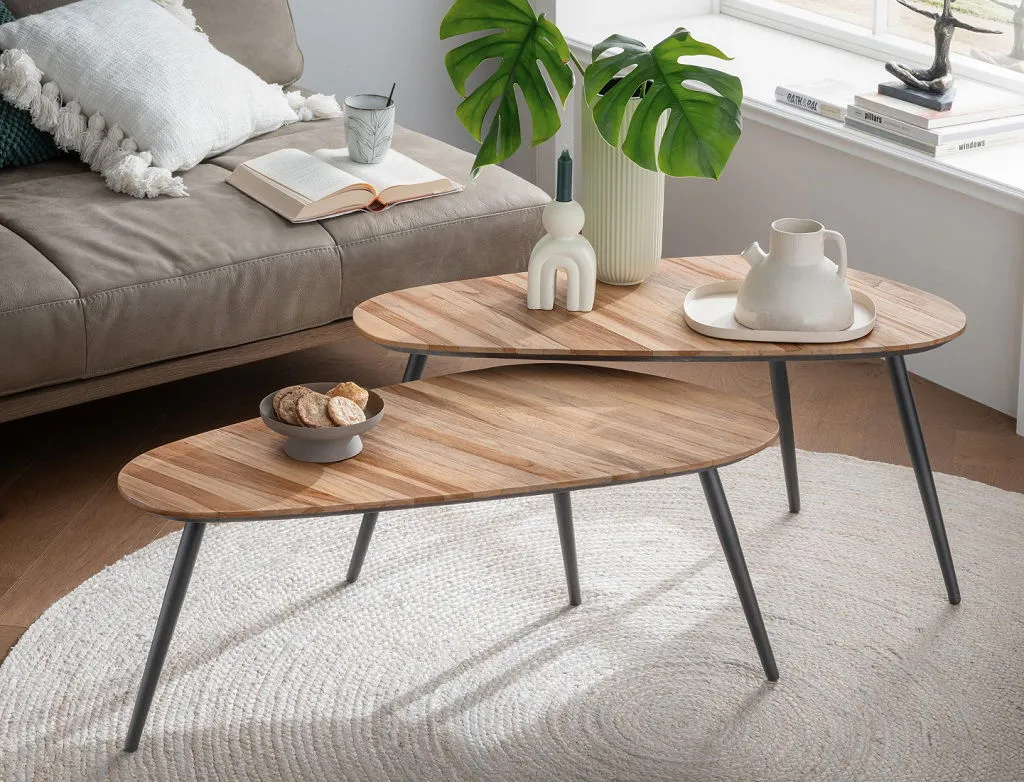 2er-Set Couchtisch 'Male' Teakholz & Metall schwarz