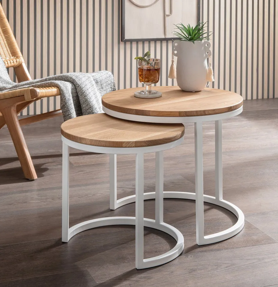 2er-Set Beistelltisch 'Melina' Wildeiche Metall weiß rund