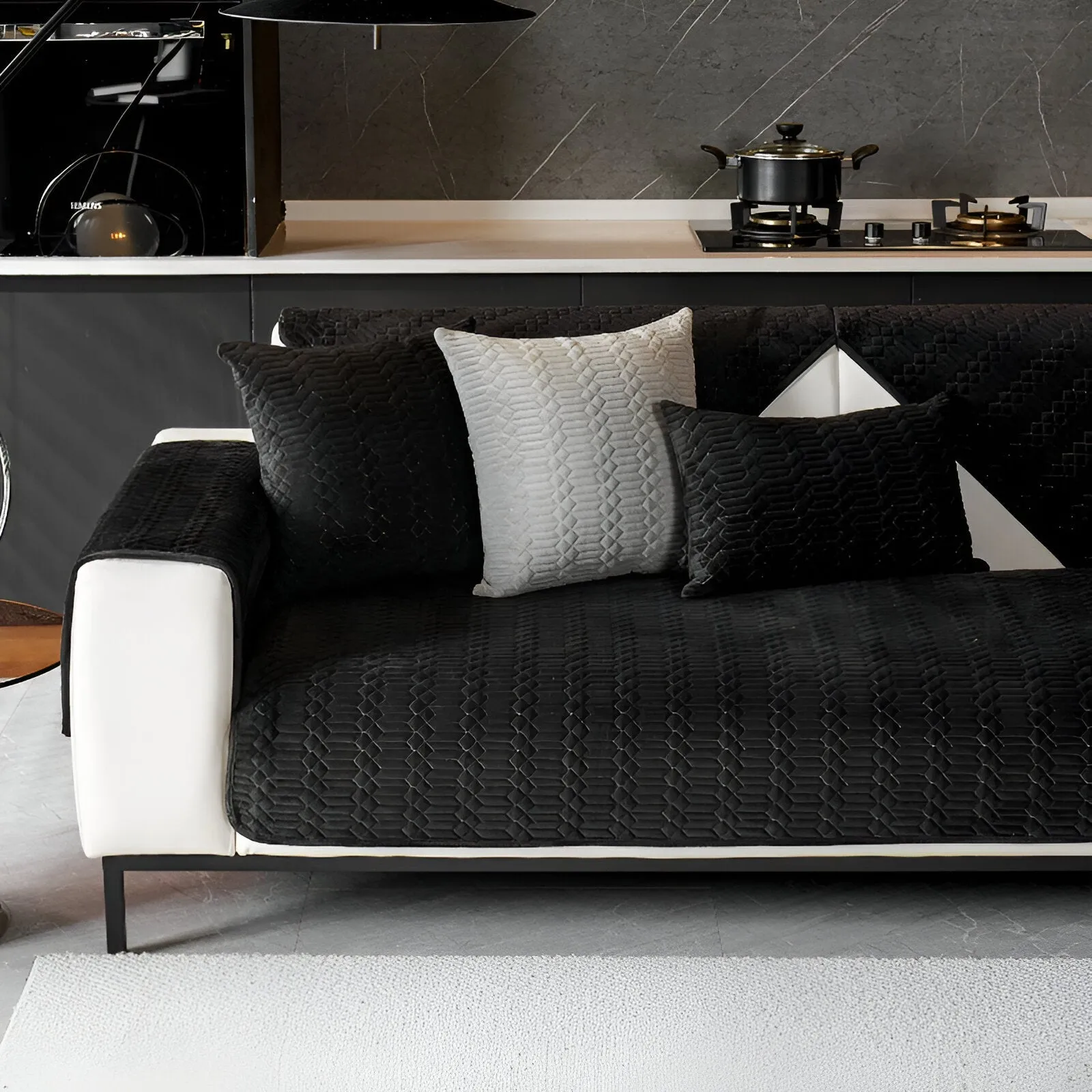 Premium Plush Velvet Sofa Cover - Stylish Black Sofa Cover with Non-Slip Coating & Geometric Pattern