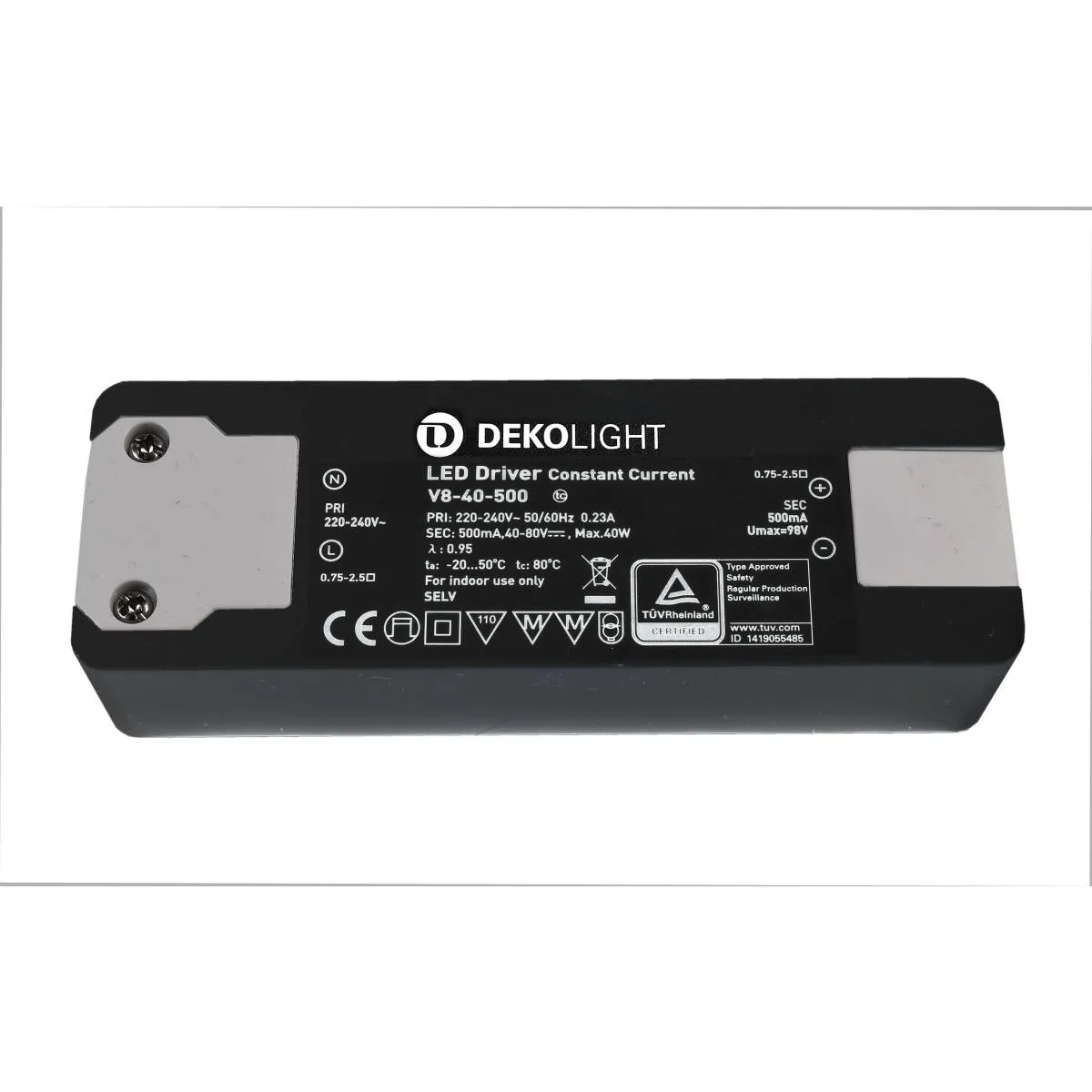 Deko-Light LED-Netzgerät, BASIC, CC, V8-40-500mA/40W, stromkonstant, 220-240V AC/50-60Hz, 40-80V DC,