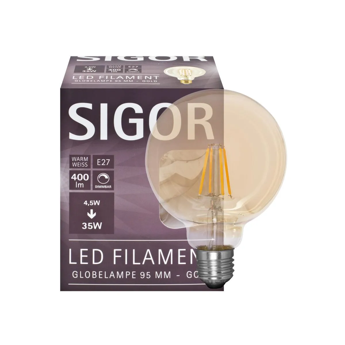 Filament-LED-Lampe, GLOBE-Form, goldfarben, E27/240V/4W, 420 lm
