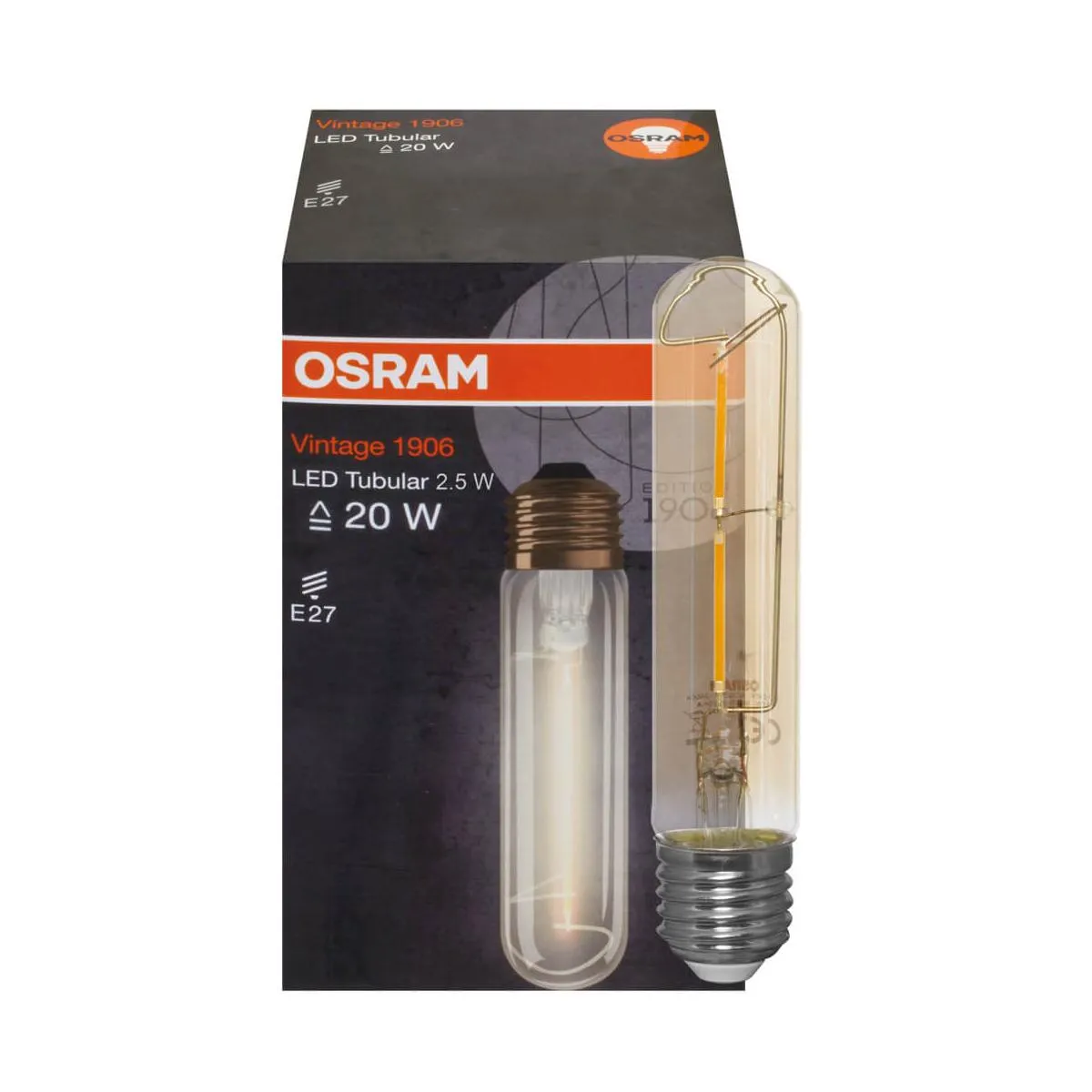 Filament-LED-Lampe Vintage 1906, Röhren-Form E27/240V, gold, Ø 28,5
