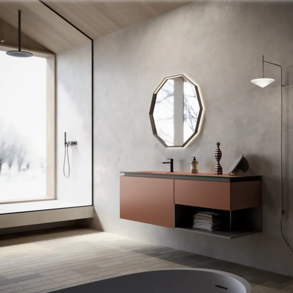 Badezimmerschrank mit Glasplatte Säuregeätztes Aurorarot 18 hoch