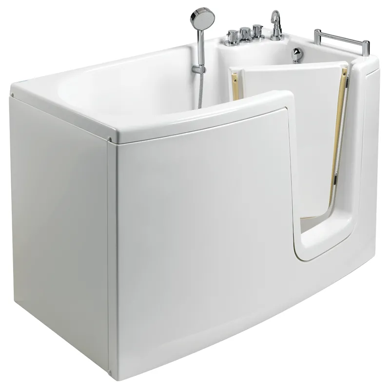 Badewanne mit nach innen zu öffnender Tür mit Stützgriff und Ponte Giulio-Schnellwechselarmaturen