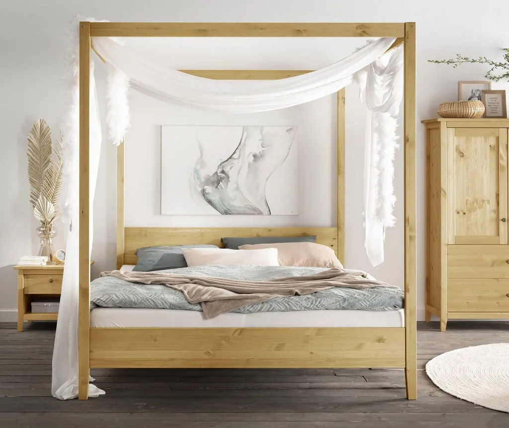 Himmelbett verschieden Breiten 'Jana' Kiefer massiv laugenfarbig 200x200cm