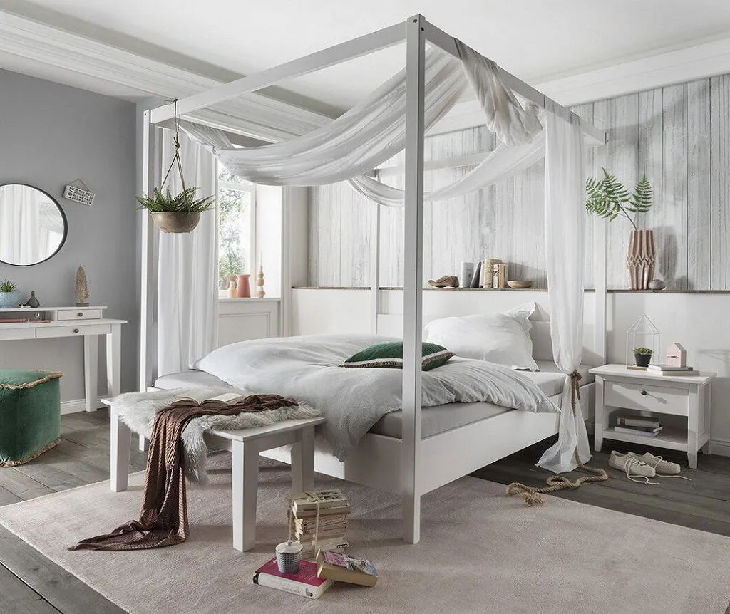 Himmelbett verschieden Breiten 'Jana' Kiefer massiv weiß gewachst 140x200cm