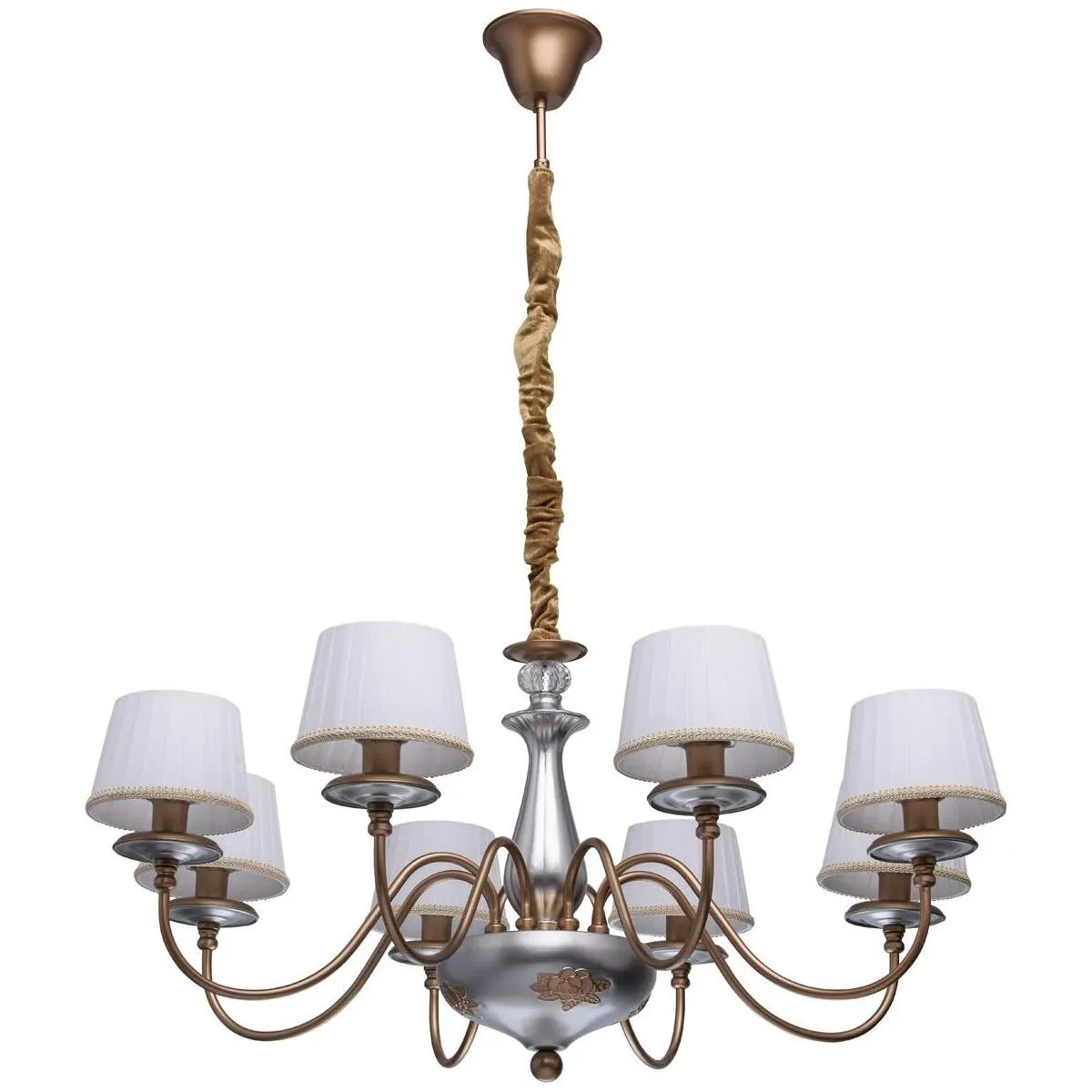 hochwertiger Bicolor Kronleuchter silber brüniert 88cm mit Stoffschirm