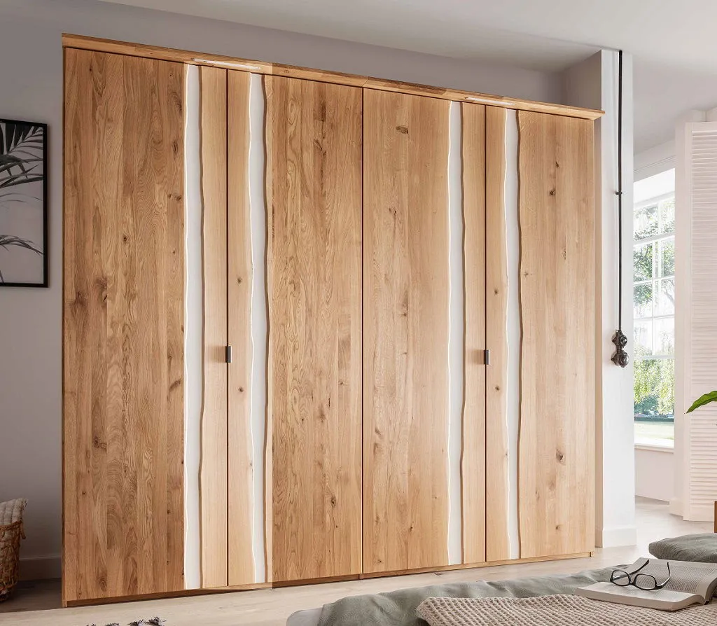 Kleiderschrank Wildeiche & Weißglas 'Bregenz' verschiedene Breiten 300cm 5-trg.
