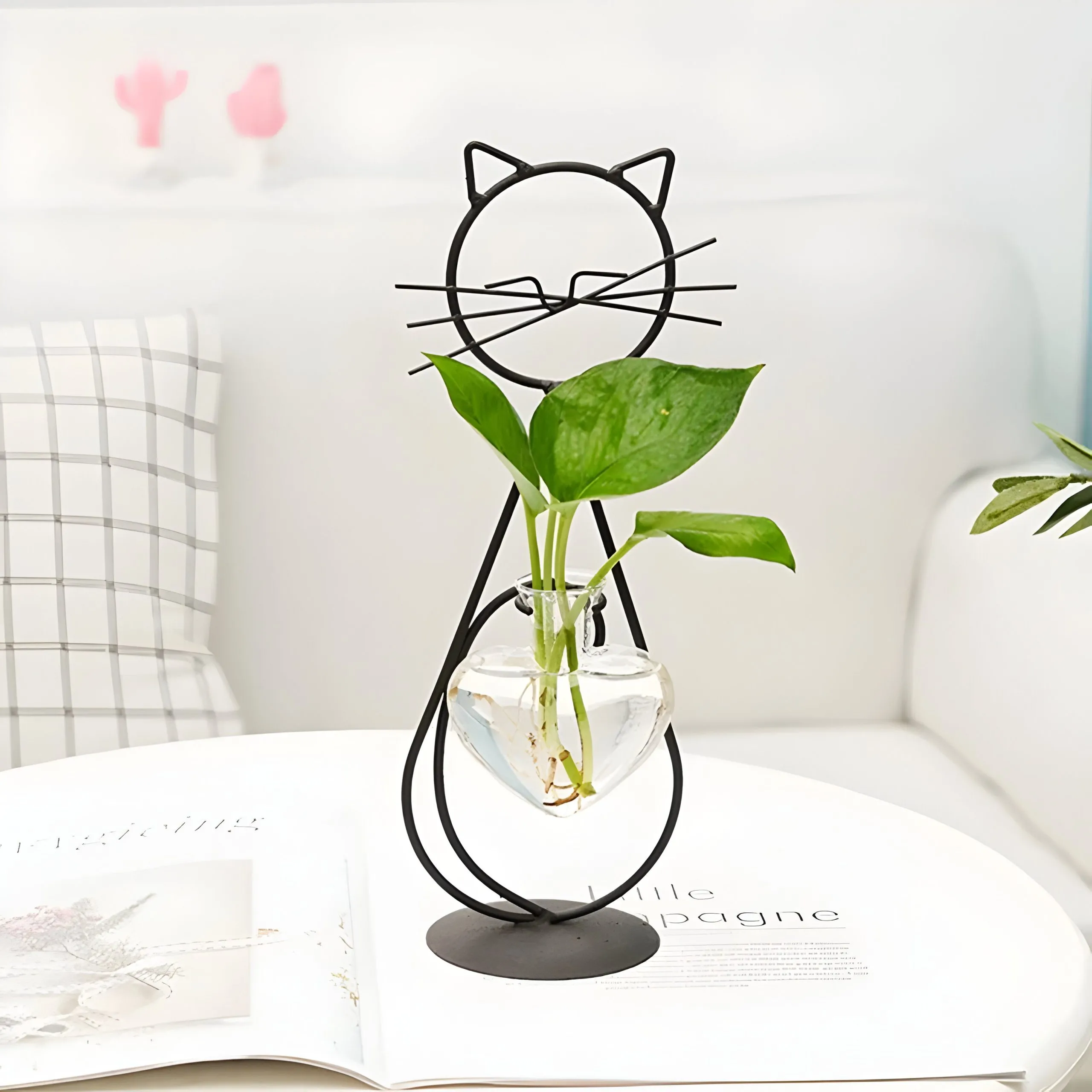 Garduru Vase - Hydroponische Glas-Herz-Vase mit Katzenförmigem Halter