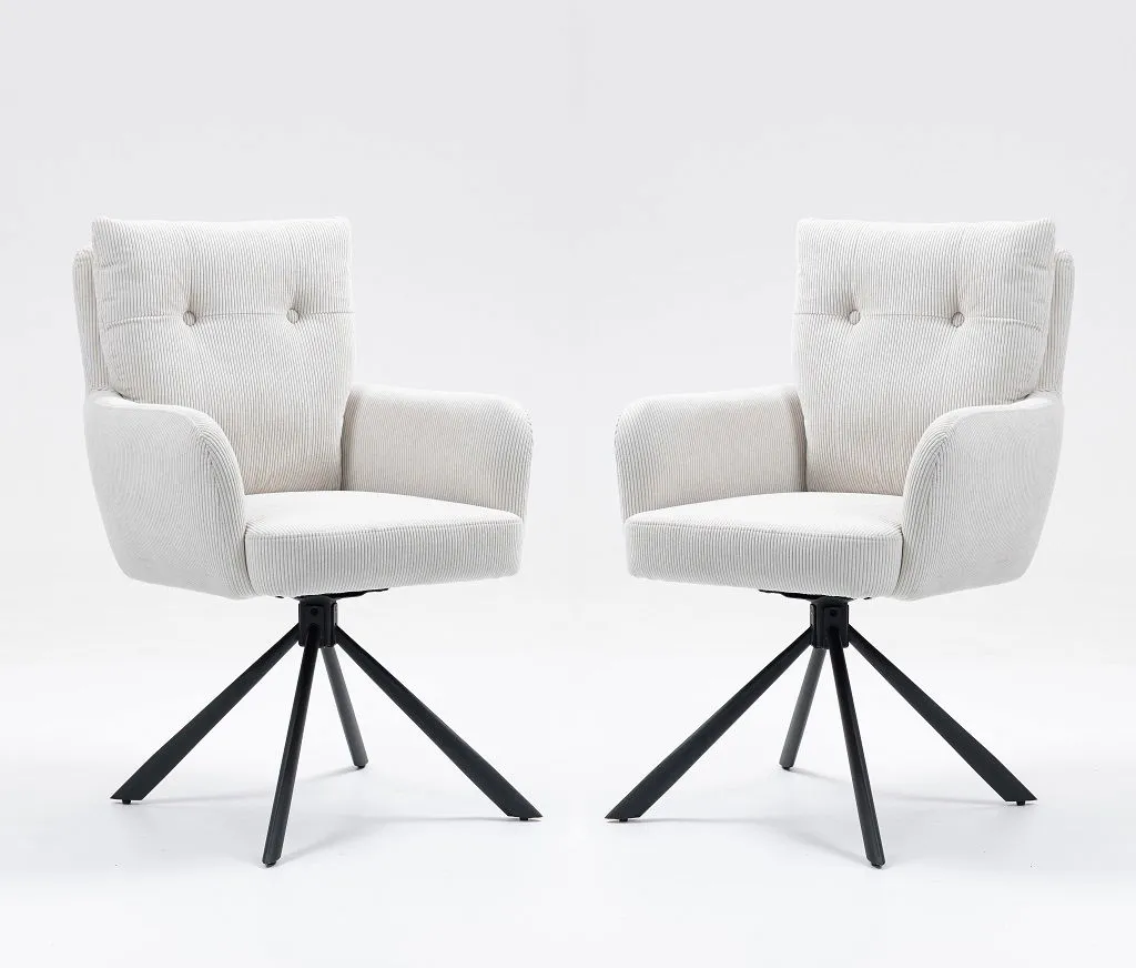 2er-Set Drehstuhl Esszimmerstuhl "Hanna" Cord creme & Metall schwarz