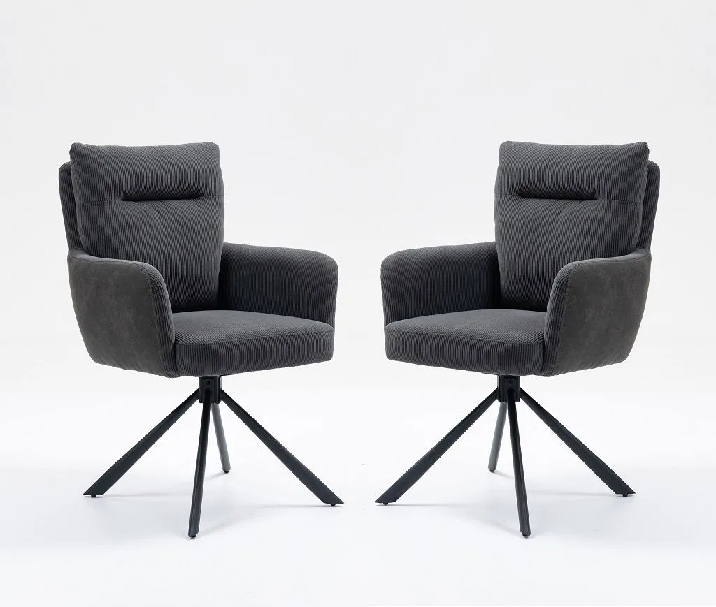 2er-Set Drehstuhl Esszimmerstuhl "Richard" Cord anthrazit & Metall schwarz