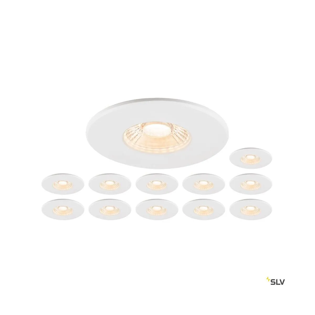 Set bestehend aus 12x 1007095 UNIVERSAL DOWNLIGHT PHASE IP65 38° und 1007097 UNIVERSAL DOWNLIGHT cover IP65 weiß