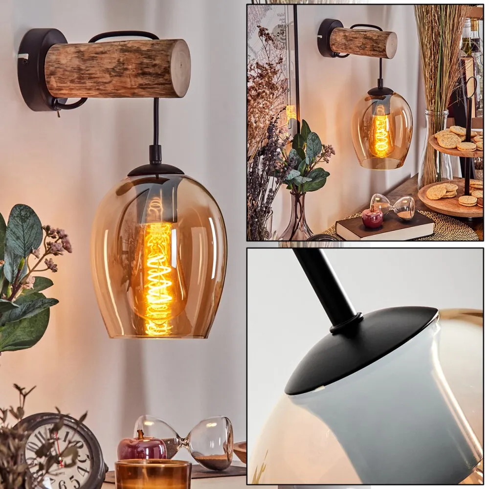 Vevino Wandleuchte Glas 15cm Naturfarben, Schwarz, 1-flammig H3793503