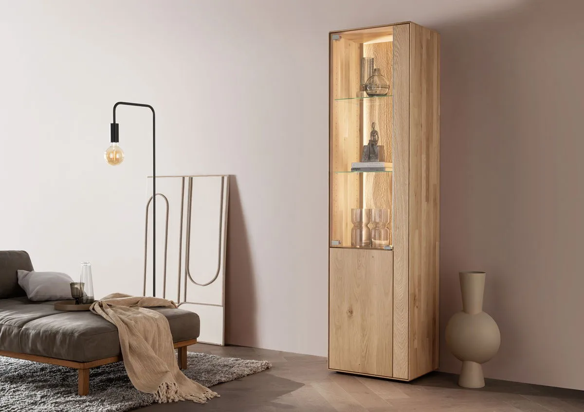 Vitrine inkl. Beleuchtung 51x196cm "Kingston" Wildeiche massiv links