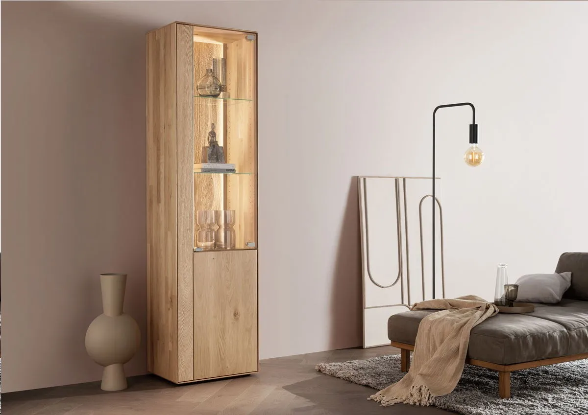 Vitrine inkl. Beleuchtung 51x196cm "Kingston" Wildeiche massiv rechts