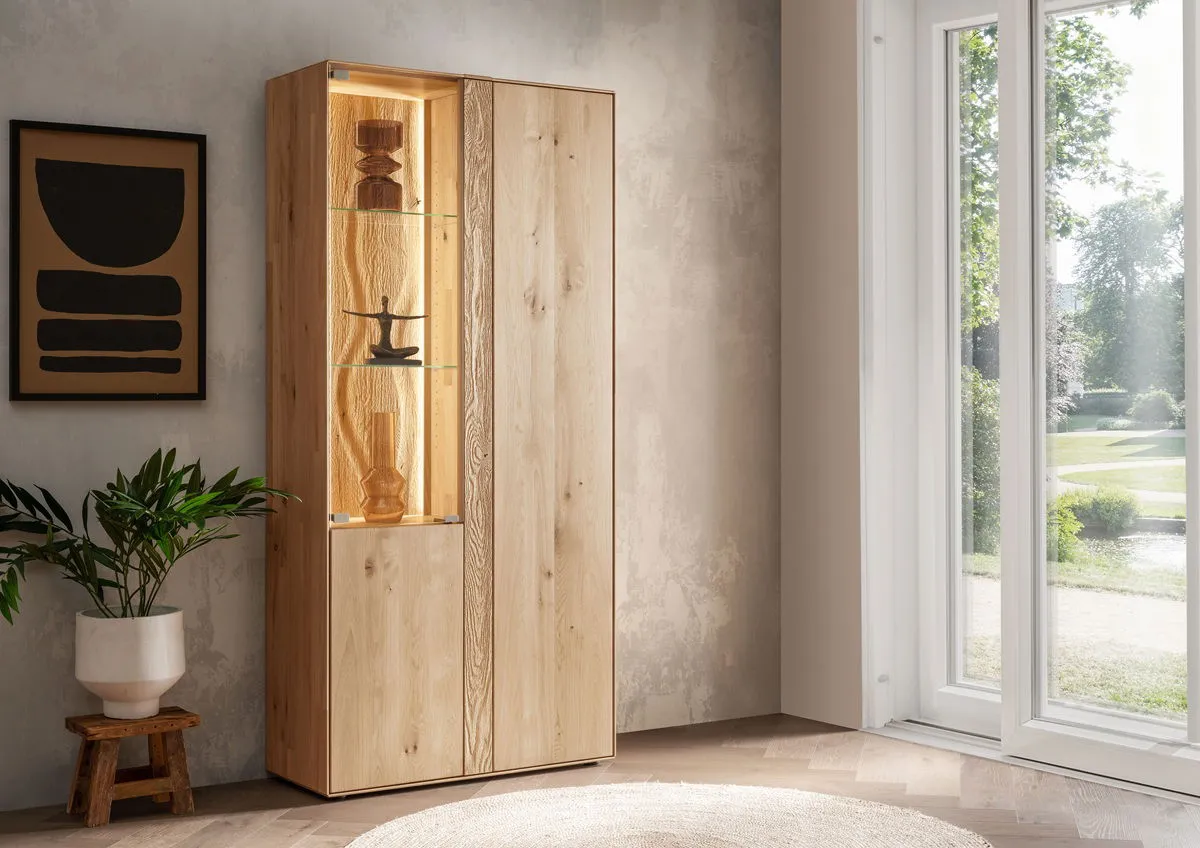 Vitrine inkl. Beleuchtung 92x196cm "Kingston" Wildeiche massiv rechts